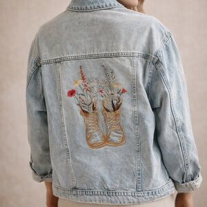 Boho Embroidered Jean Jacket Vintage Wash Floral Boots Back Western Cottagecore